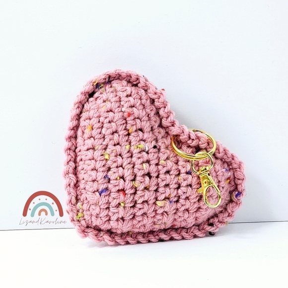 New! Handmade Crochet Light Blush Pink Speckled Heart Keychain Bag Charm - Picture 3 of 9